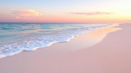 The serene solitude of an empty beach with smooth sand and gentle waves under a soft pink sunset creates a feeling of peace and tranquility.