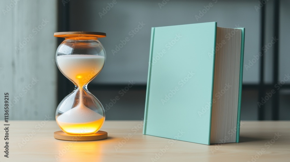 Poster minimalistic hourglass and book arrangement on a wooden table in a modern study environment, symboli