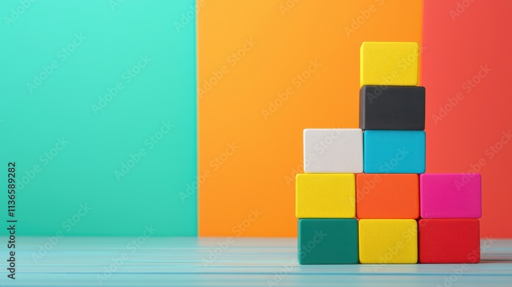 Poster colorful stacked building blocks on a vibrant background for creative play and educational developme