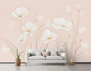 a minimalist pink flowers with long stems and delicate petals with boho bohemian styles. the background is a soft with abstract shapes in pink and gold