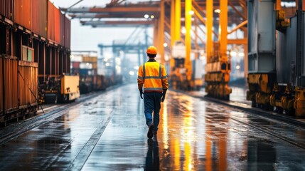 Fototapeta premium dockworker walking in rain at container terminal