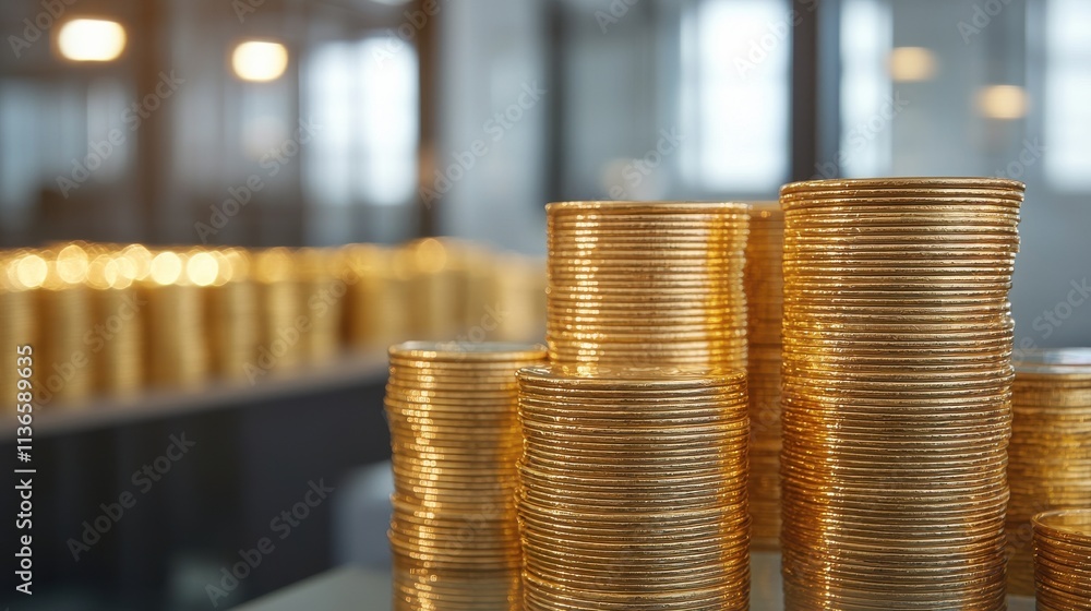 Poster stacks of golden coins illuminated by soft light in a modern financial environment with a blurred ba