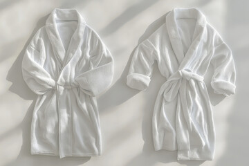 Soft white bathrobes displayed elegantly, showcasing their plush texture and cozy design. Perfect for relaxation and comfort in serene setting