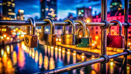 Night Photography of Security Locks with Ticking Mechanism, Highlighting Intricacies of Lock Design in a Dark Urban Environment, Emphasizing Safety and Protection Elements