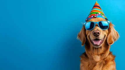 A cheerful golden retriever wearing sunglasses and a party hat against a bright blue background, radiating joy and celebration.
