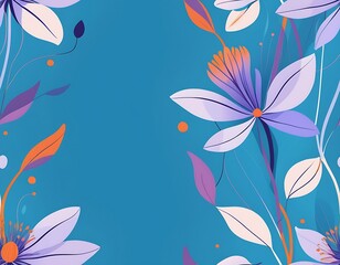 a minimalist purple flowers with long stems and delicate petals with boho bohemian styles. the background is a soft with abstract shapes in blue and orange