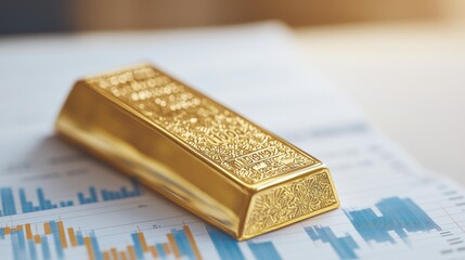 Gold Bullion Bar on Financial Charts Representing Investment and Wealth in Economic Market and Financial Growth with Shiny Golden Surface Reflecting Light