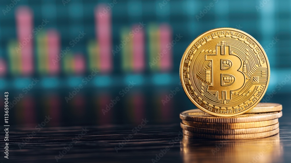 Poster golden bitcoin coin stacked on dark surface with colorful stock market chart in background represent