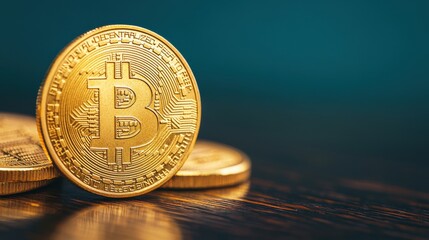 Golden Bitcoin Coins on a Dark Wooden Surface Against a Soft Blue Background, Symbolizing Cryptocurrency Investment and Financial Technology Trends