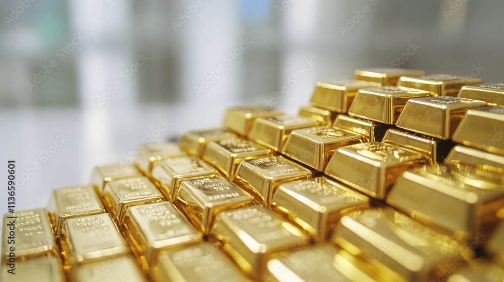 Poster stacked gold bars on a reflective surface in a modern financial setting with soft lighting and blurr