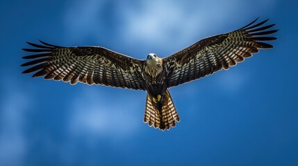 Obraz premium Majestic red kite soaring through a vibrant blue sky. Its patterned wings are fully extended, showcasing its powerful flight.