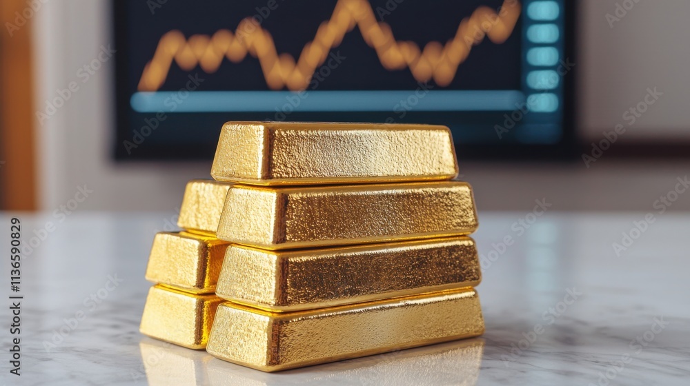 Aufkleber shiny gold bars stacked on a marble surface with financial graph in background representing wealth a