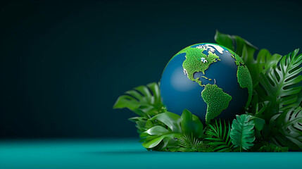 Fototapeta premium A vibrant globe resting among lush green leaves, symbolizing environmental awareness and the importance of nature.
