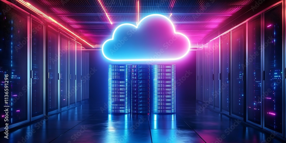 Poster neon cloud network connection, cloud computing, data center, network security, generative ai