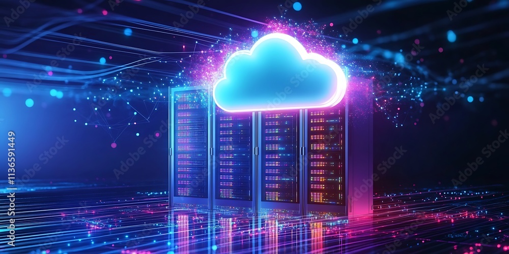 Poster neon cloud network connection, cloud computing, data center, network security, generative ai