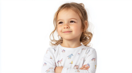 Little girl with unicorn pajamas isolated on white background with arms crossed and looking forward