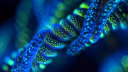 A blue and green spiral with many dots. The spiral is made of a material that glows in the dark