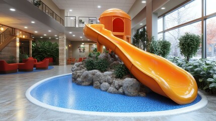 Indoor Slide. Bright orange slide indoor playground kids play area rec
