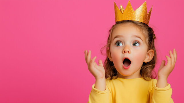 Little princess with crown isolated on pink background doing surprise gesture while looking to the side Christmas 2025