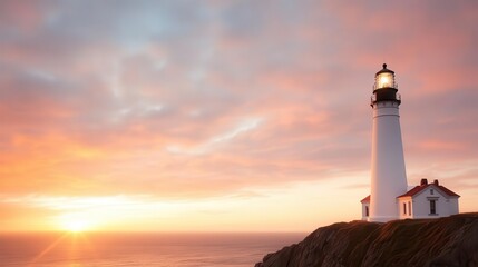 A lighthouse at sunset, with beams of light cutting through the soft hues of the sky, iconic coastal view.