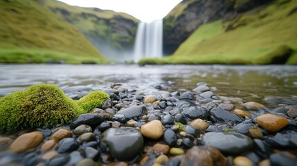 Fototapeta premium A long exposure of a waterfall cascading into a crystal-clear pool, surrounded by moss-covered rocks, serene landscape.