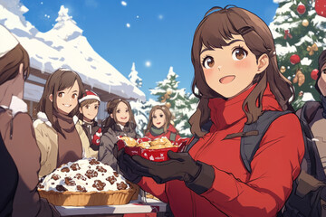 A woman is holding a box of food and smiling