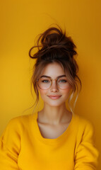 Fototapeta premium stylish young woman in glasses smiling on yellow wall background standing isolated