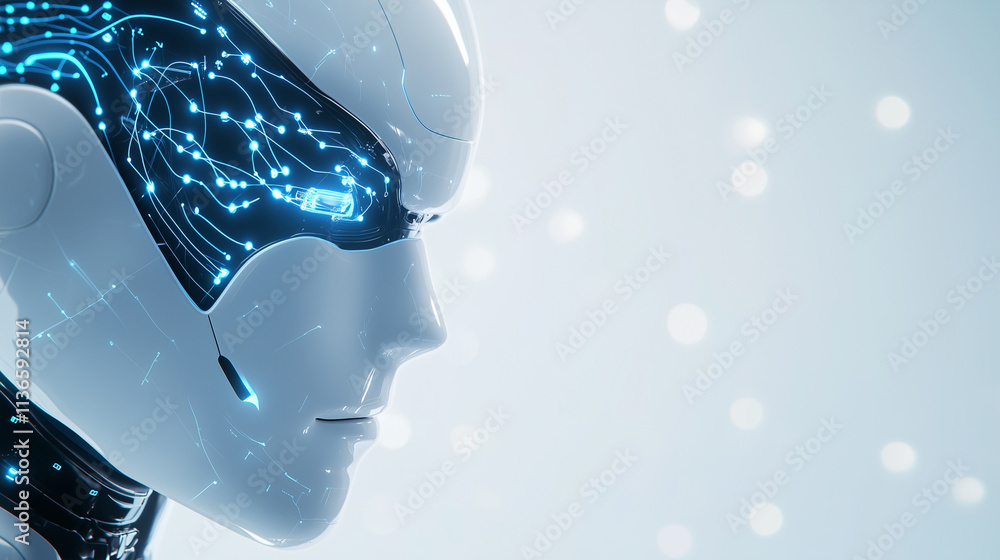 Poster ai-driven humanoid head with digital blue line patterns an advanced humanoid ai head, with a smooth,