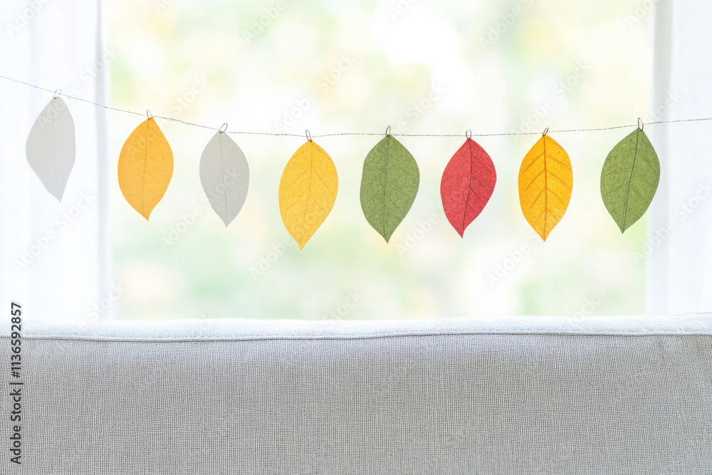 Aufkleber a hanging string of leaves in various colors hangs in front of a window