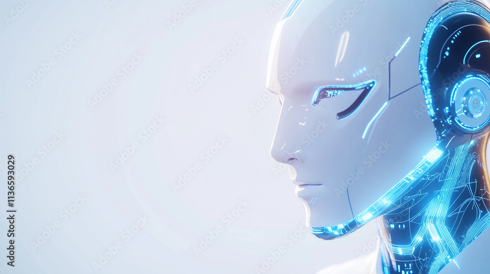 Poster ai-driven humanoid head with digital blue line patterns an advanced humanoid ai head, with a smooth,
