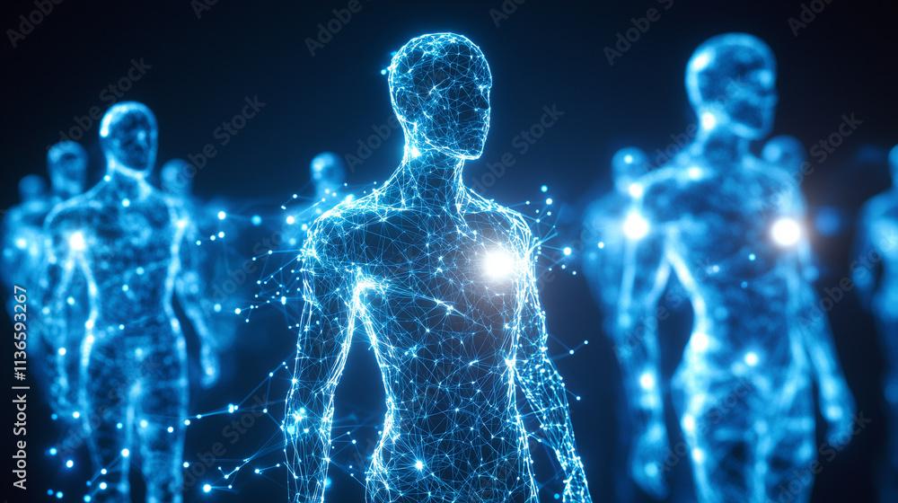 Poster networked humanoids representing big data in a futuristic concept a group of humanoid figures, inter