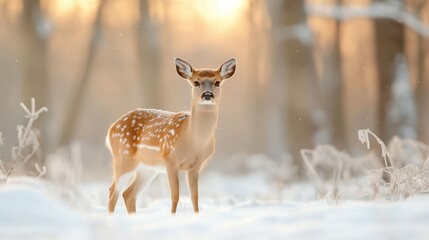 Obraz premium A deer standing in a snowy forest at dusk, soft light and a sense of mystery.