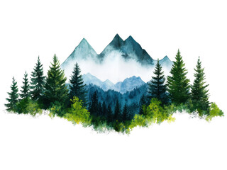 Fototapeta premium Stunning Watercolor Illustration of Majestic Mountains Surrounded by Lush Forests and Nature's Beauty