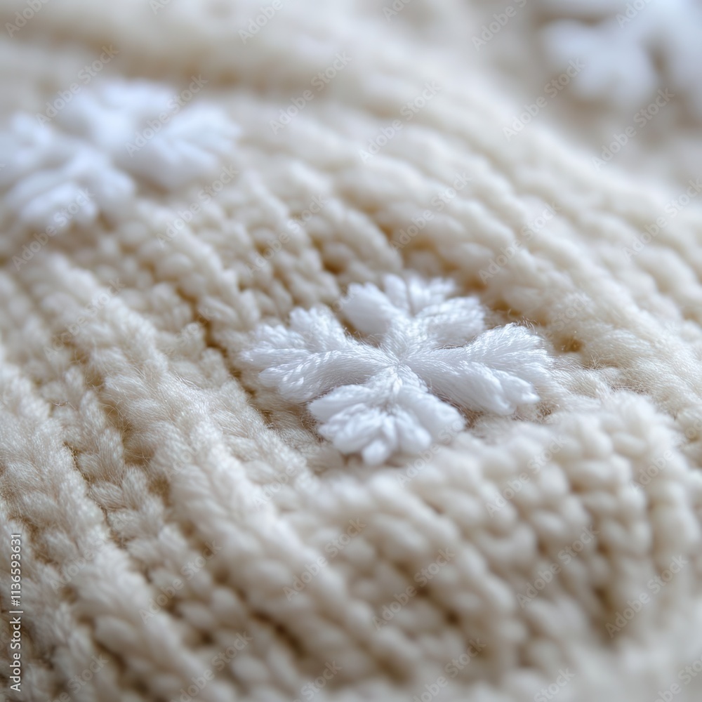 Poster a close-up of snowflakes on a knitted scarf, with intricate patterns shining through.