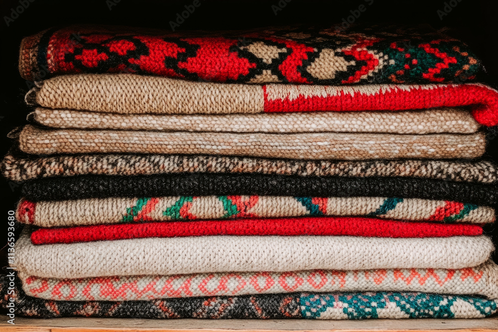 Poster a stack of colorful blankets with a red one on top