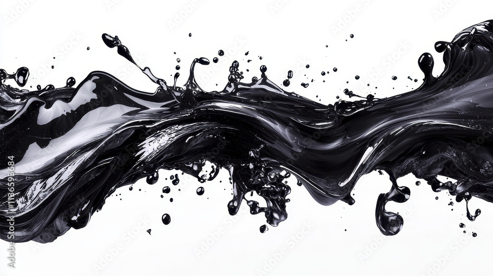 Poster black liquid paint splashing in artistic wave, creating dynamic movement and texture. glossy surface
