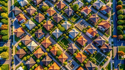 Fototapeta premium Overhead Suburban Neighborhood Aerial View: Uniform Houses, Organized Streets, Drone Photography