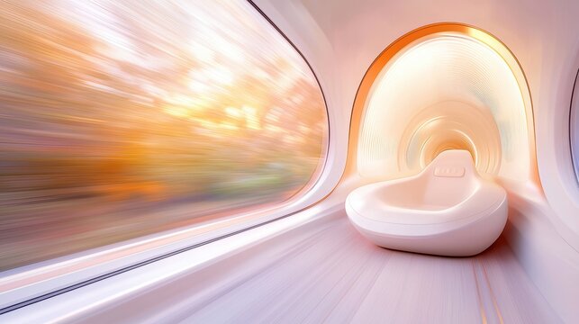Train High Speed Motion Blur A passenger perspective from inside a hyperloop pod, with the tunnel walls blurring past, highlighting the experience of high speed travel.