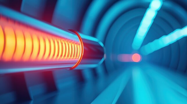 Hyperloop train travelling at high speed through a tunnel Close up of the front of a hyperloop train as it enters a tunnel, showcasing its aerodynamic design and advanced technology.