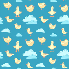 Cute Birds in The Sky Cartoon Seamless Pattern