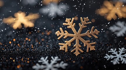 Golden and Silver Snowflake Backgrounds Close up of a single golden snowflake with intricate details, showcasing its delicate design and metallic sheen.