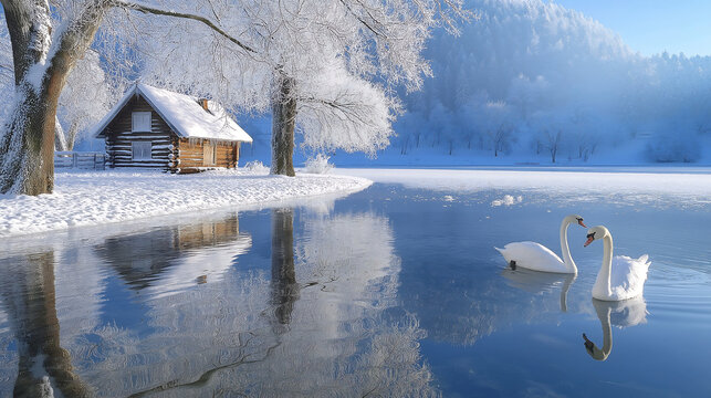 In winter, the clear lake, ice flowers, ripples in the lake. Two swans are reflected in the water, forming a scene of ice and snow