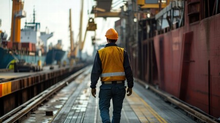 Obraz premium dockworker walking on railway tracks at a busy port