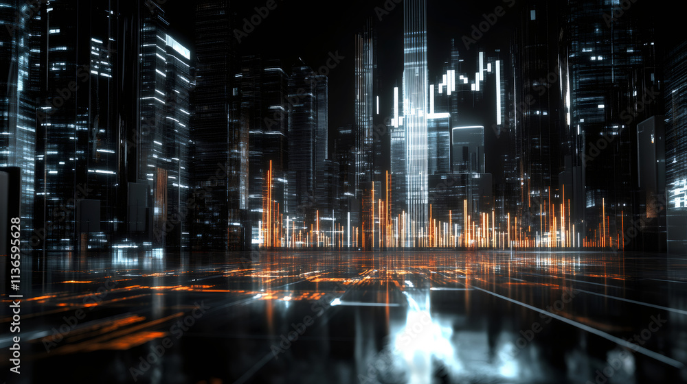 Poster nighttime cityscape with glowing buildings and futuristic digital data streams, showcasing a vibrant