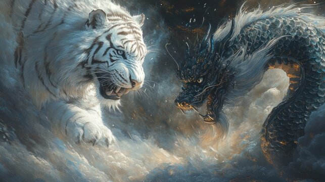 Confrontation between a majestic white tiger and a powerful black dragon amidst swirling clouds.