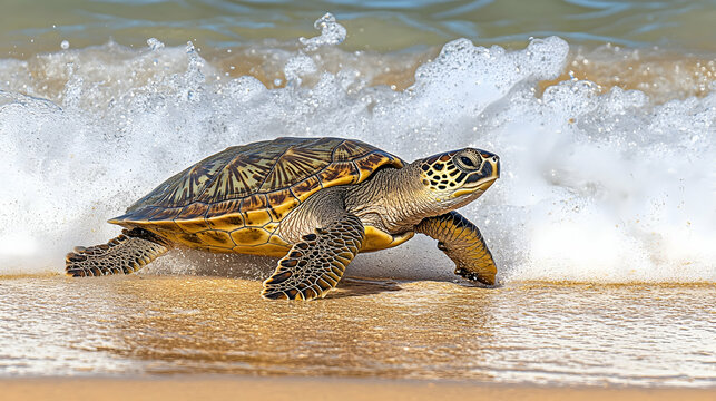 Majestic sea turtle emerges from ocean waves onto sandy beach, showcasing intricate shell pattern and powerful flippers.