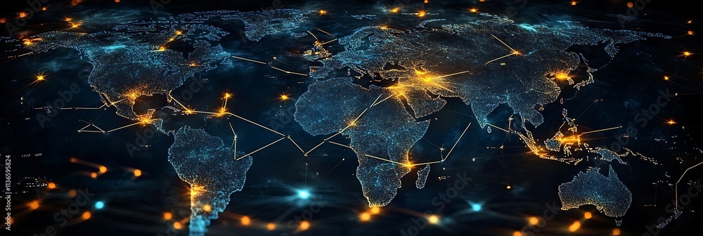 Poster global digital network a high-detail, illuminated world map visualizing connectivity through a futur