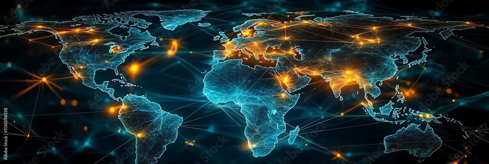 Poster global digital network a high-detail, illuminated world map visualizing connectivity through a futur