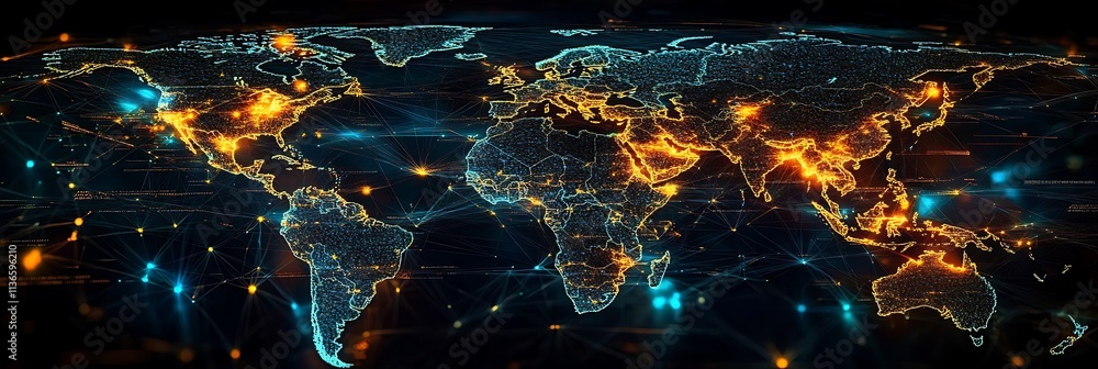 Poster global digital network a high-detail, illuminated world map visualizing connectivity through a futur