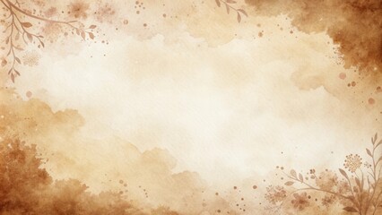 Obraz premium Watercolor background with brown, beige, and white hues, featuring a delicate floral design and subtle splattered accents for a vintage, rustic feel.